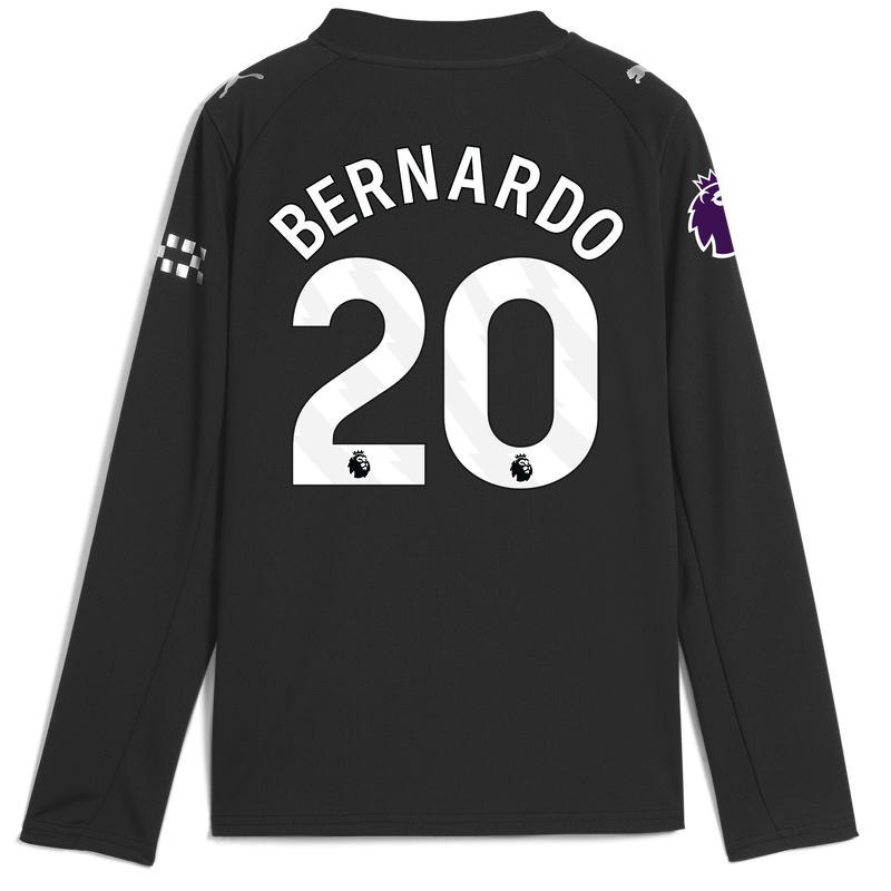 Kids' Man City Away Jersey 2025/26 Long Sleeve With BERNARDO 20 Printing black - Check out all Manchester City t-shirts online
