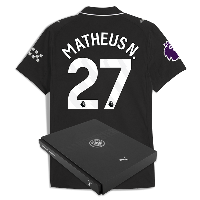 Man City Away Authentic Jersey 2025/26 With MATHEUS N. 27 Printing in Gift Box black - Check out all Manchester City t-shirts online