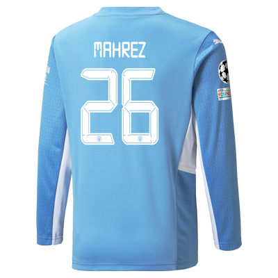 Kids Manchester City Home Longsleeve Shirt 21/22 with Riyad Mahrez printing