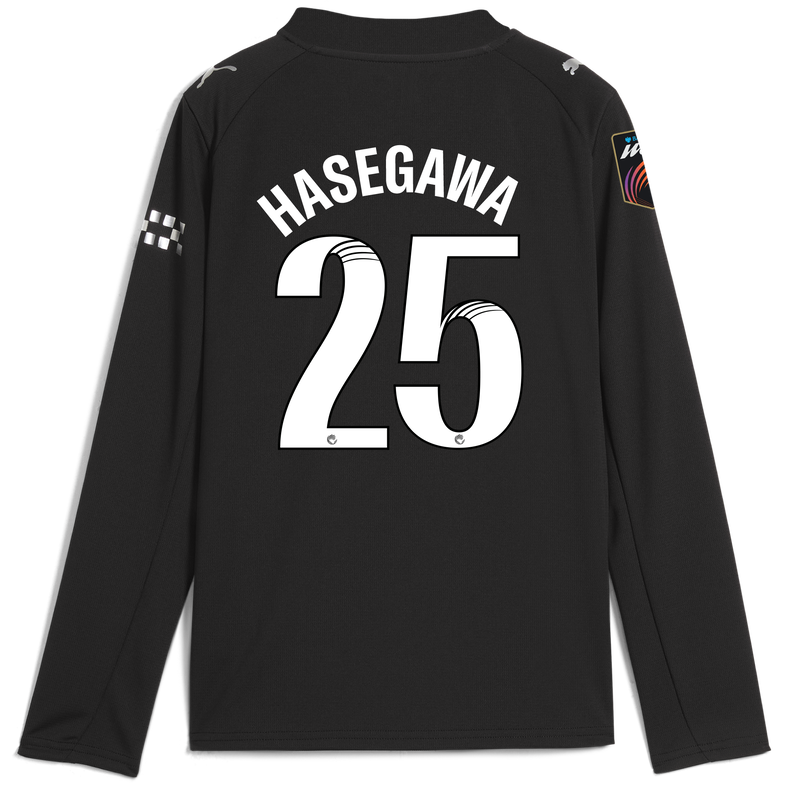 Kids' Man City Away Jersey 2025/26 Long Sleeve With HASEGAWA 25 Printing black - Check out all Manchester City t-shirts online
