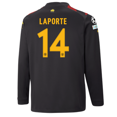 Kids' Manchester City Away Jersey 2022/23 long sleeve with LAPORTE 14 printing