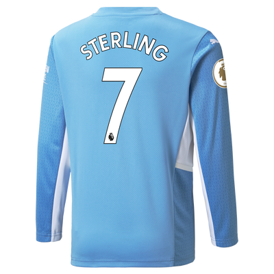 Kids Manchester City Home Longsleeve Shirt 21/22 with Raheem Sterling printing