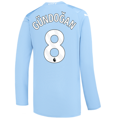 Kids' Manchester City Home Jersey 2023/24 long sleeve with GÜNDOĞAN 8 printing