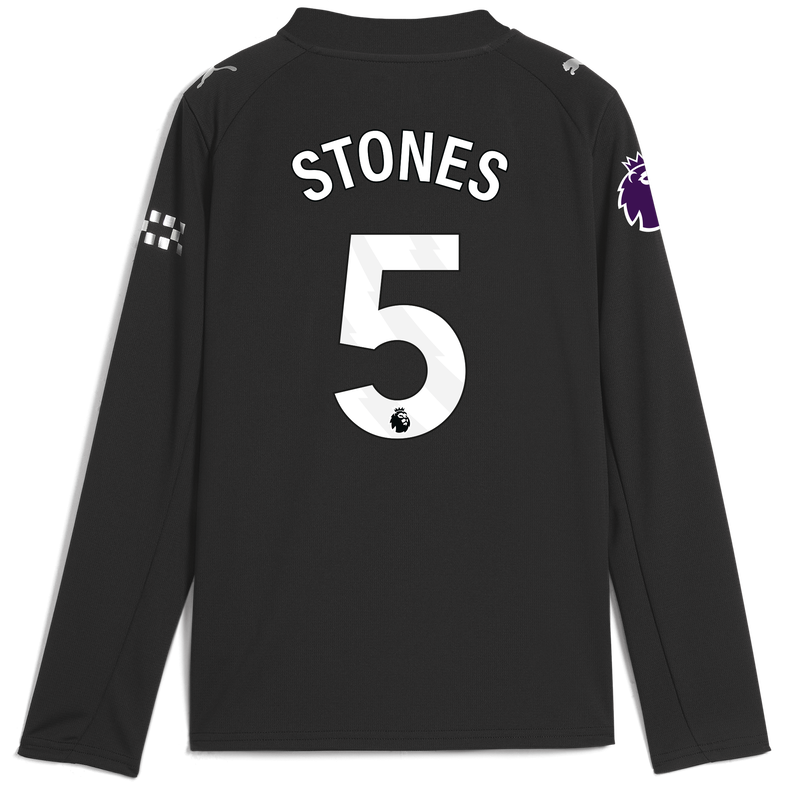 Kids' Man City Away Jersey 2025/26 Long Sleeve With STONES 5 Printing black unisex - Size 7/8 from polyester  - Official Manchester City FC store