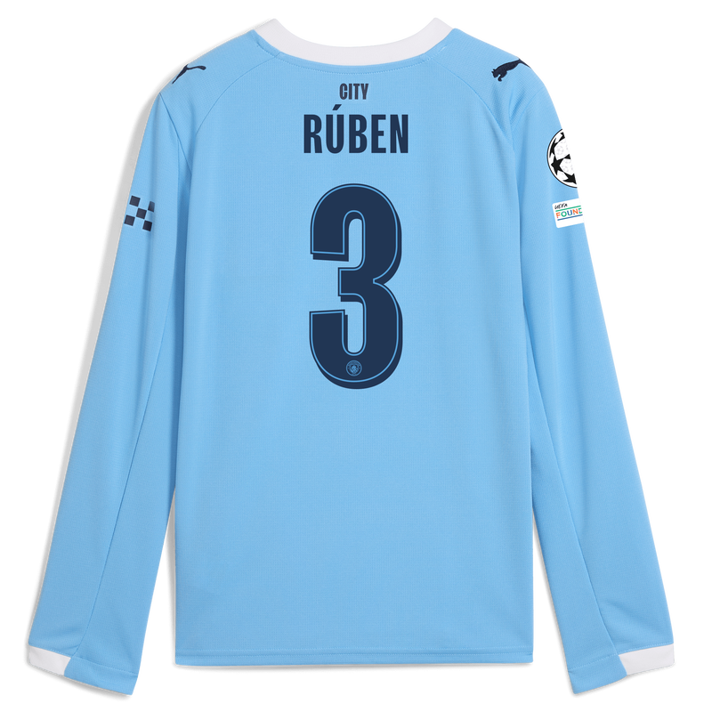 Kids' Man City Home Jersey 2025/26 Long Sleeve With RÚBEN 3 Printing  blue unisex - Size 7/8 from polyester  - Official Manchester City FC store