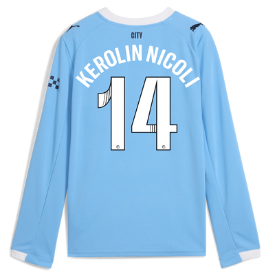 Kids' Manchester City Home Jersey 2025/26 Long Sleeve With KEROLIN NICOLI 14 Printing