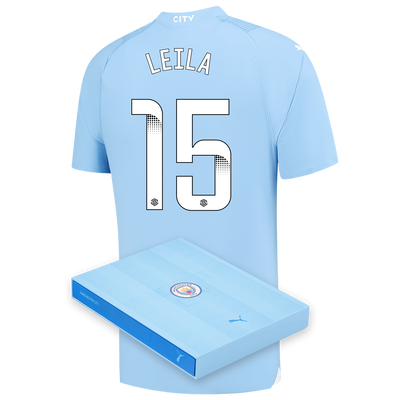 Camiseta Authentic 1ª Equipación Manchester City 2023/24 con estampado de LEILA 15 en caja de regalo