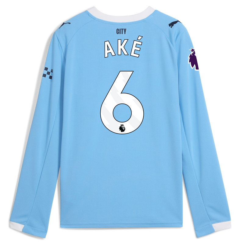 Kids' Man City Home Jersey 2025/26 Long Sleeve With AKÉ 6 Printing  blue unisex - Size 9/10 from polyester  - Official Manchester City FC store