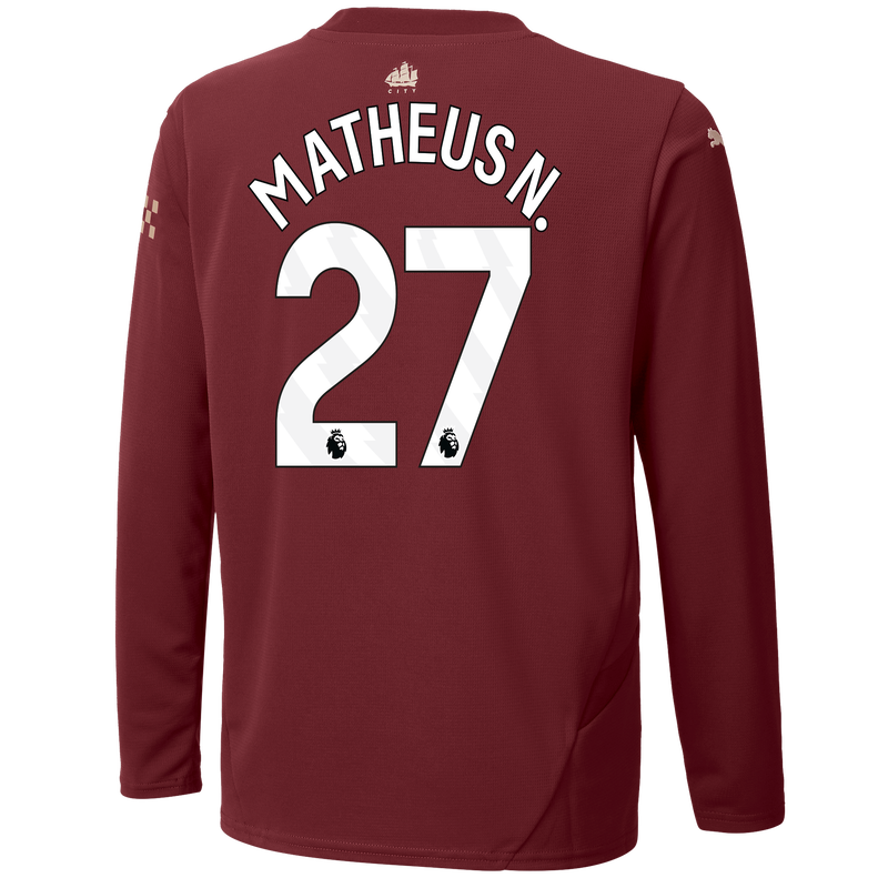Kids' Man City 3rd Jersey 24/25 Long Sleeve  With MATHEUS N. 27 Printing burgundy - Check out all Manchester City t-shirts online