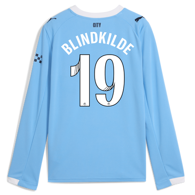 Kids' Manchester City Home Jersey 2025/26 Long Sleeve With BLINDKILDE 19 Printing