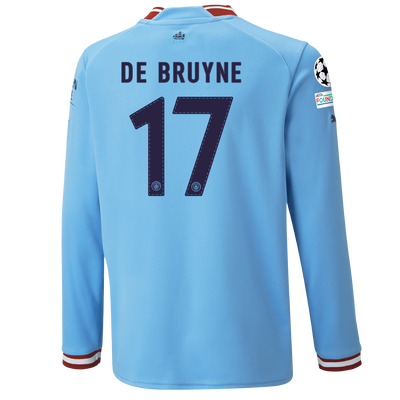 Kids' Manchester City Home Jersey 22/23 Long Sleeve with DE BRUYNE 17 printing