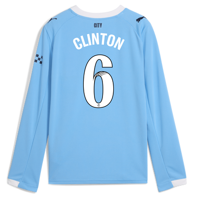 Kids' Manchester City Home Jersey 2025/26 Long Sleeve With CLINTON 6  Printing