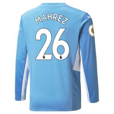 Kids Manchester City Home Longsleeve Shirt 21/22 with Riyad Mahrez printing