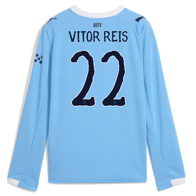 Kids' Manchester City Home Jersey 2025/26 Long Sleeve With VITOR REIS 22 Printing