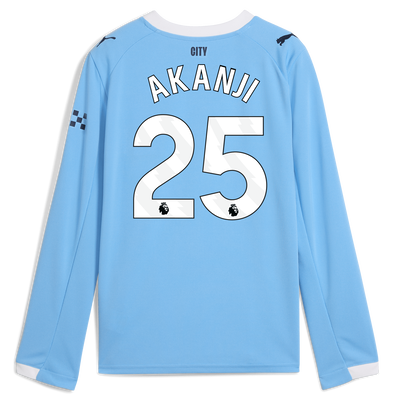 Kids' Manchester City Home Jersey 2025/26 Long Sleeve With AKANJI 25 Printing