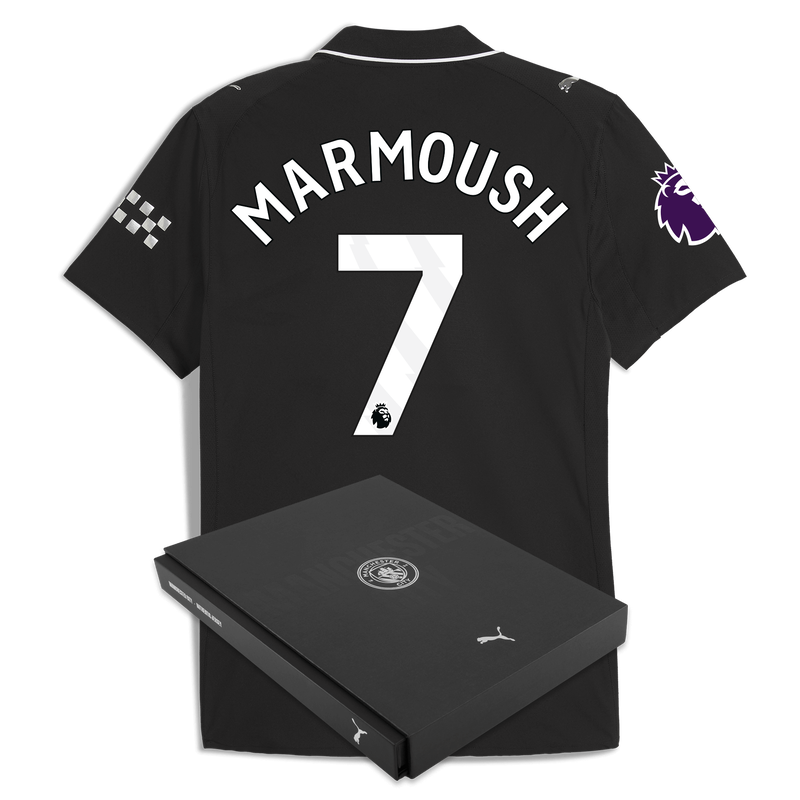 Man City Away Authentic Jersey 2025/26 With MARMOUSH 7 Printing in Gift Box black - Check out all Manchester City t-shirts online