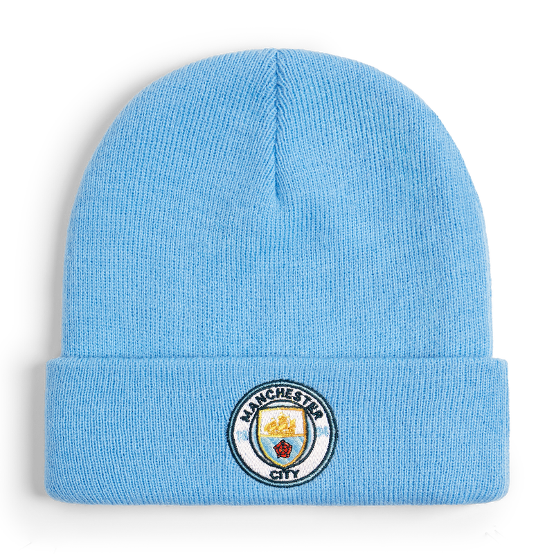 Bonnet Officiel Manchester City FC – Tricoté, 100% Acrylique, écusson Brodé, Taille Unique – Pour Adultes