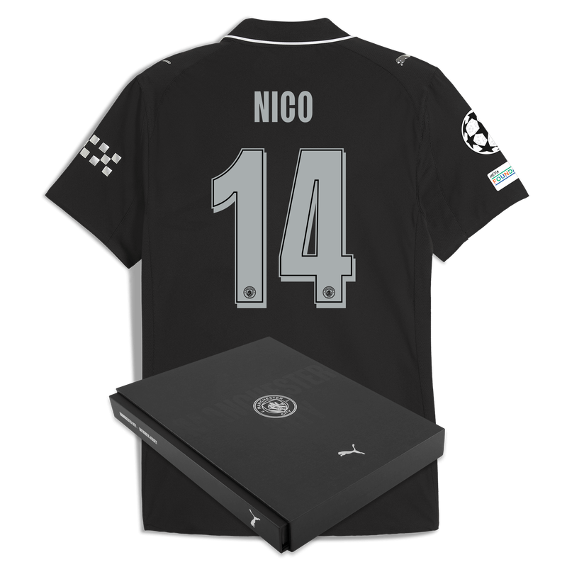 Man City Away Authentic Jersey 2025/26 With NICO 14 Printing in Gift Box black - Size S from polyester for males  - Official Manchester City FC store
