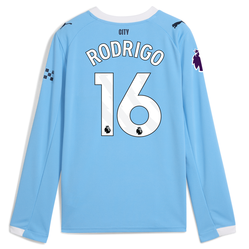 Kids' Man City Home Jersey 2025/26 Long Sleeve With RODRIGO 16 Printing  blue unisex - Size 7/8 from polyester  - Official Manchester City FC store