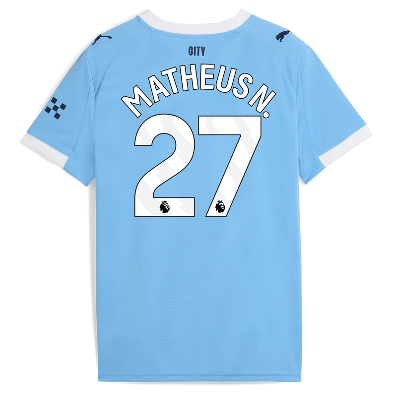 Kids' Man City Home Jersey 2025/26 With MATHEUS N. 27 Printing  blue unisex - Size 15/16 from polyester  - Official Manchester City FC store