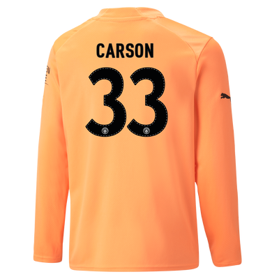 Kids' Manchester City Goalkeeper Jersey 22/23 Long Sleeve with CARSON 33 printing