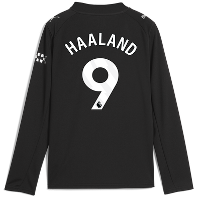 Kids' Manchester City Away Jersey 2025/26 Long Sleeve With HAALAND 9 Printing