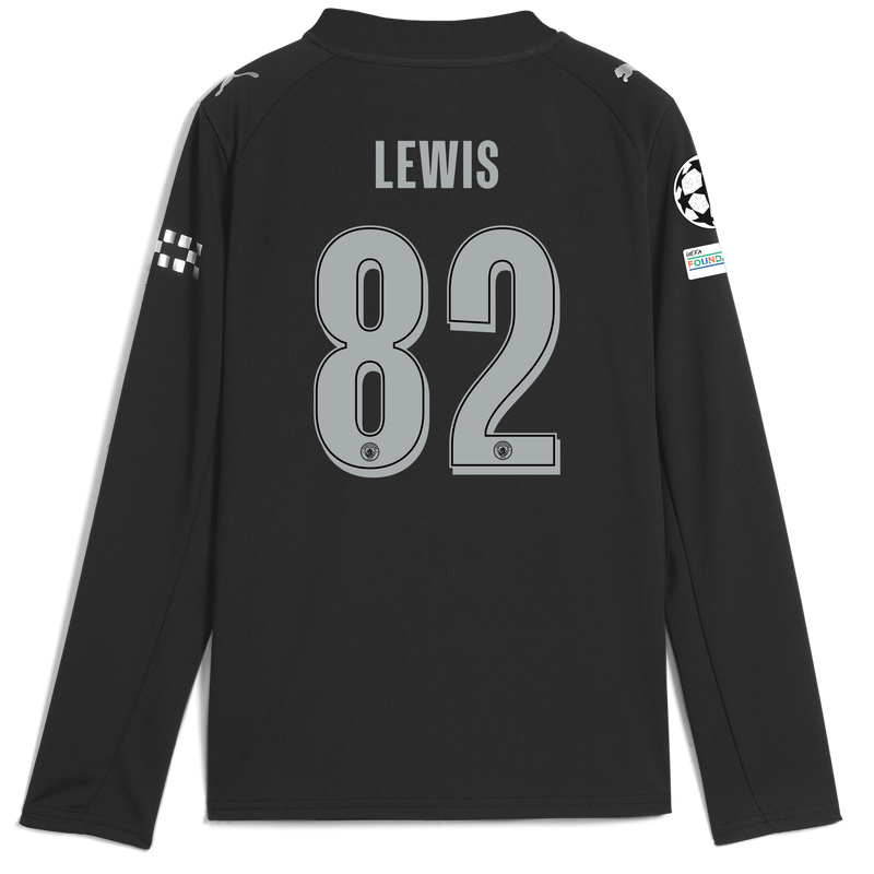 Kids' Man City Away Jersey 2025/26 Long Sleeve With LEWIS 82 Printing black - Check out all Manchester City t-shirts online