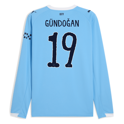 Manchester City Home Jersey 2025/26 Long Sleeve With GÜNDOĞAN 19 Printing