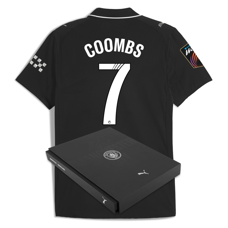Man City Away Authentic Jersey 2025/26 With COOMBS 7 Printing in Gift Box black - Check out all Manchester City t-shirts online