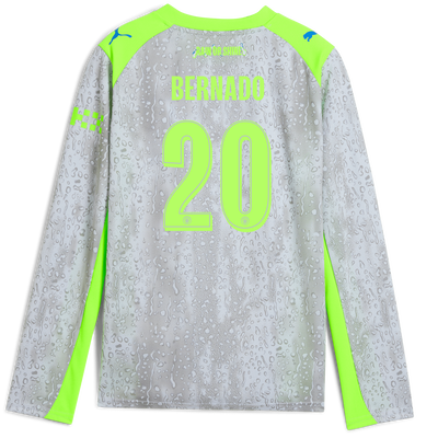 Camiseta Manchester City Tercera para niños 2025/26 de manga larga con estampado de BERNARDO 20 Printing