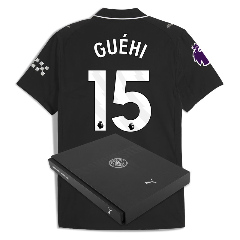 Man City Away Authentic Jersey 2025/26 With GUÉHI 15 Printing in Gift Box black - Check out all Manchester City t-shirts online
