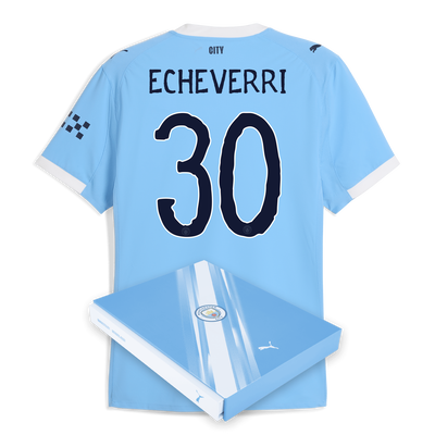 Maillot domicile authentique Manchester City 2025/26 avec impression ECHEVERRI 30 dans une boîte cadeau