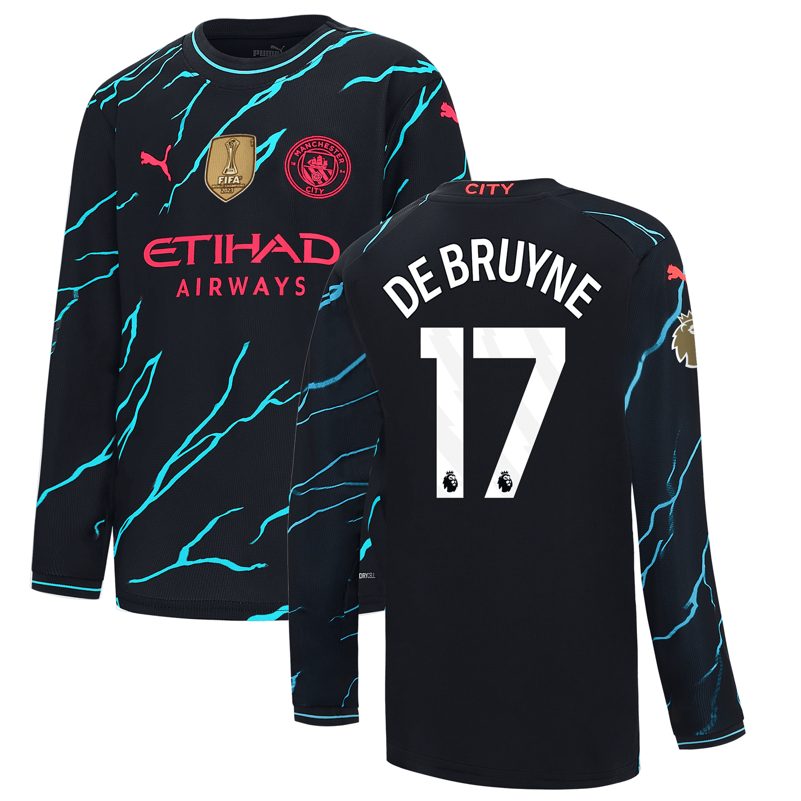 Kids' Manchester City Third Jersey 2023/24 long sleeve with DE BRUYNE 17  printing