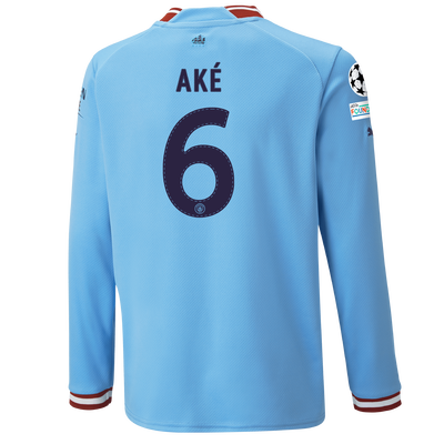 Kids' Manchester City Home Jersey 22/23 Long Sleeve with AKÉ 6 printing