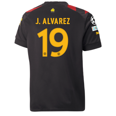 Kids' Manchester City Away Jersey 2022/23 with J. ALVAREZ printing