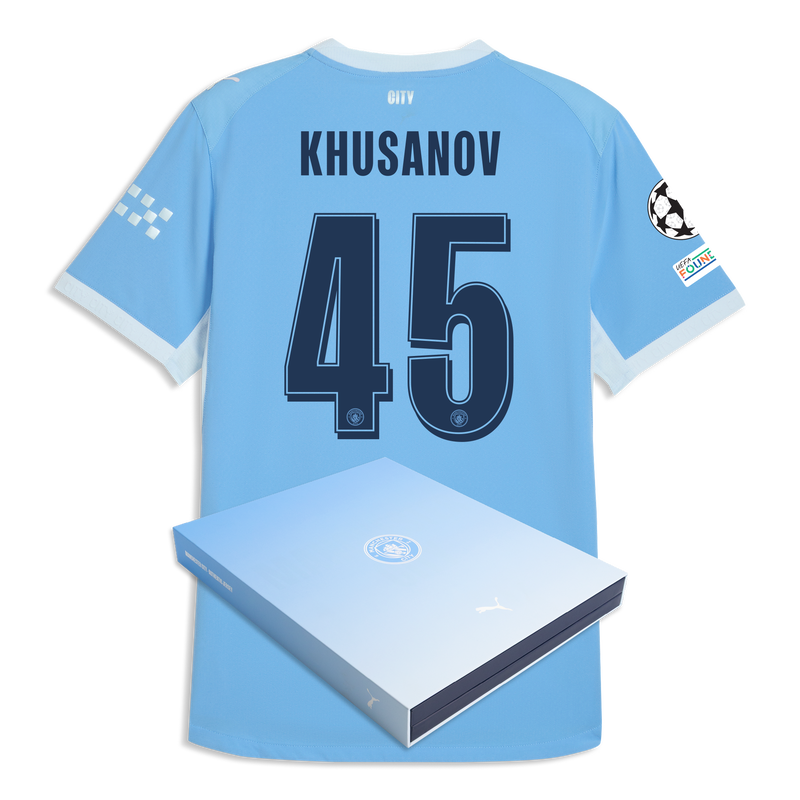 Man City Home Authentic Jersey 2026/27 With KHUSANOV 45 Printing in Gift Box  blue-icy blue - Check out all Manchester City t-shirts online