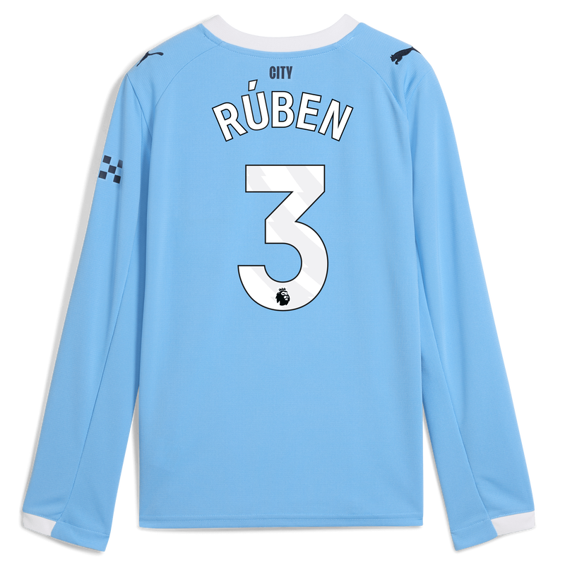 Kids' Man City Home Jersey 2025/26 Long Sleeve With RÚBEN 3 Printing  blue unisex - Size 5/6 from polyester  - Official Manchester City FC store