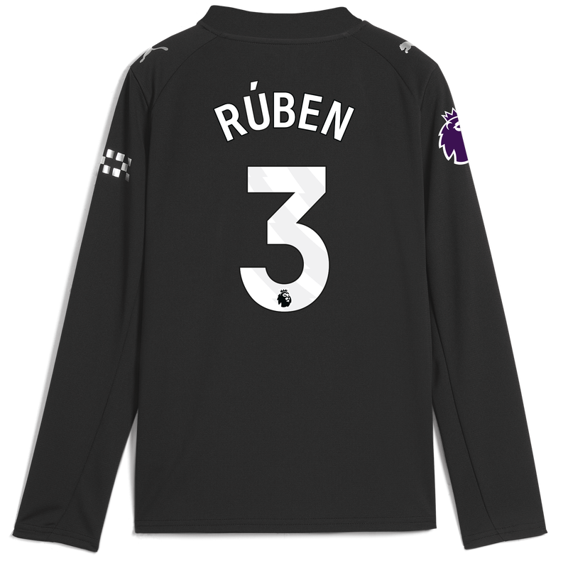 Kids' Man City Away Jersey 2025/26 Long Sleeve With RÚBEN 3 Printing black - Check out all Manchester City t-shirts online