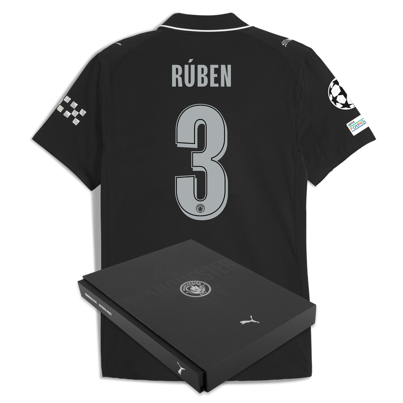 Man City Away Authentic Jersey 2025/26 With RÚBEN 3 Printing in Gift Box black - Check out all Manchester City t-shirts online