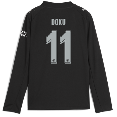 Kids' Manchester City Away Jersey 2025/26 Long Sleeve With DOKU 11 Printing