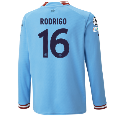 Kids' Manchester City Home Jersey 22/23 Long Sleeve with RODRIGO 16 printing