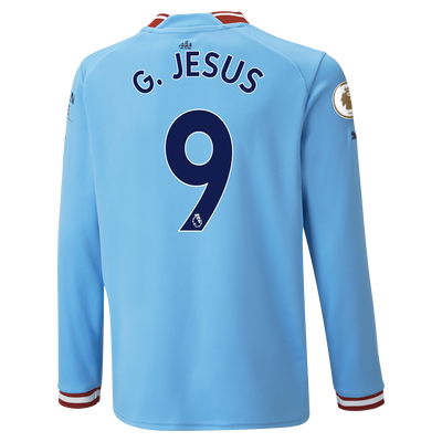Kids' Manchester City Home Jersey 22/23 Long Sleeve with G JESUS 9 printing
