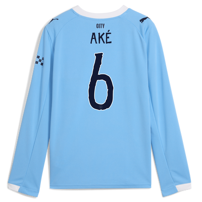 Kids' Manchester City Home Jersey 2025/26 Long Sleeve With AKÉ 6 Printing