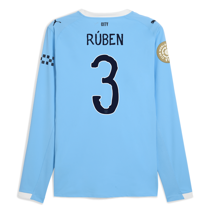 Man City Home Authentic Jersey 2025/26 Long Sleeve With RÚBEN 3 Printing  blue - Size M from polyester for males  - Official Manchester City FC store