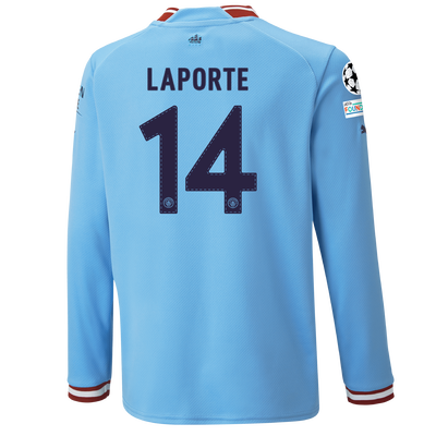 Kids' Manchester City Home Jersey 22/23 Long Sleeve with LAPORTE 14 printing