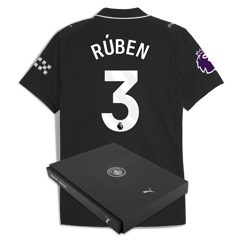 Man City Away Authentic Jersey 2025/26 With RÚBEN 3 Printing in Gift Box black - Check out all Manchester City t-shirts online