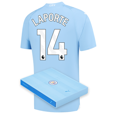Manchester City Authentic Home Jersey 2023/24 with LAPORTE 14 printing in Gift Box