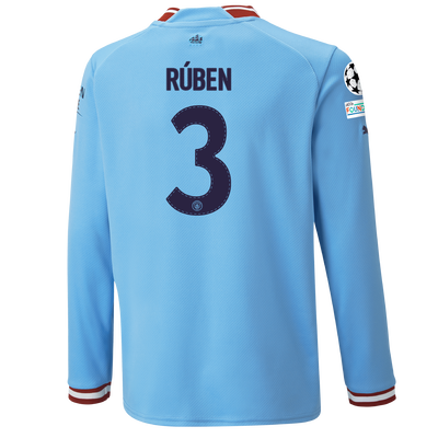 Kids' Manchester City Home Jersey 22/23 Long Sleeve with RÚBEN 3 printing
