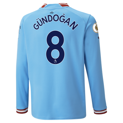 Kids' Manchester City Home Jersey 22/23 Long Sleeve with GÜNDOĞAN 8 printing