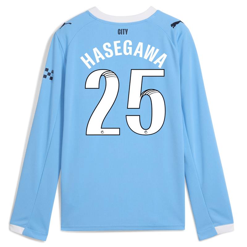 Kids' Man City Home Jersey 2025/26 Long Sleeve With HASEGAWA 25 Printing  blue unisex - Size 11/12 from polyester  - Official Manchester City FC store